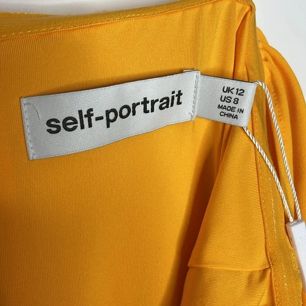 Self-Portrait Dress Bodycon Mini Size 8 Yellow Jersey Off-Shoulder Ruched - Picture 8 of 13